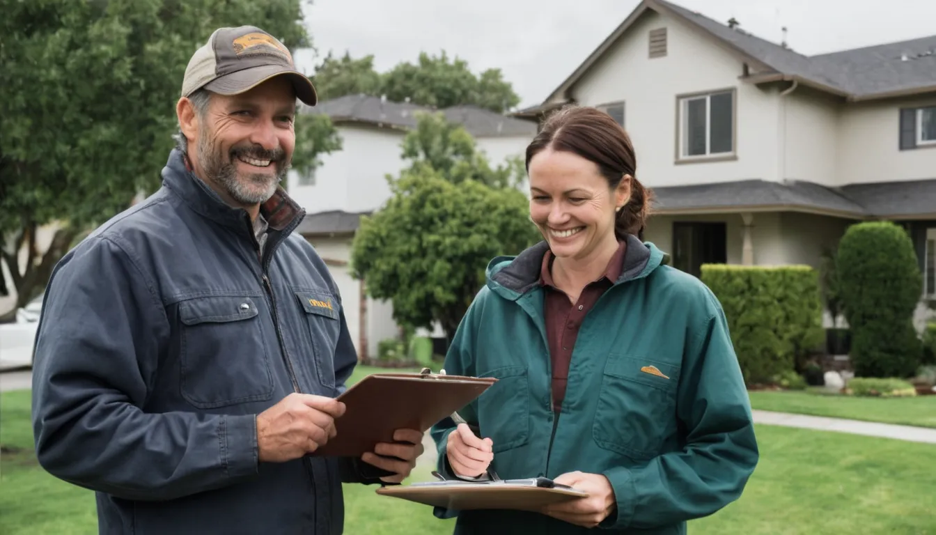 A homeowner reviewing a written tree removal quote with a provider in Old Westbury