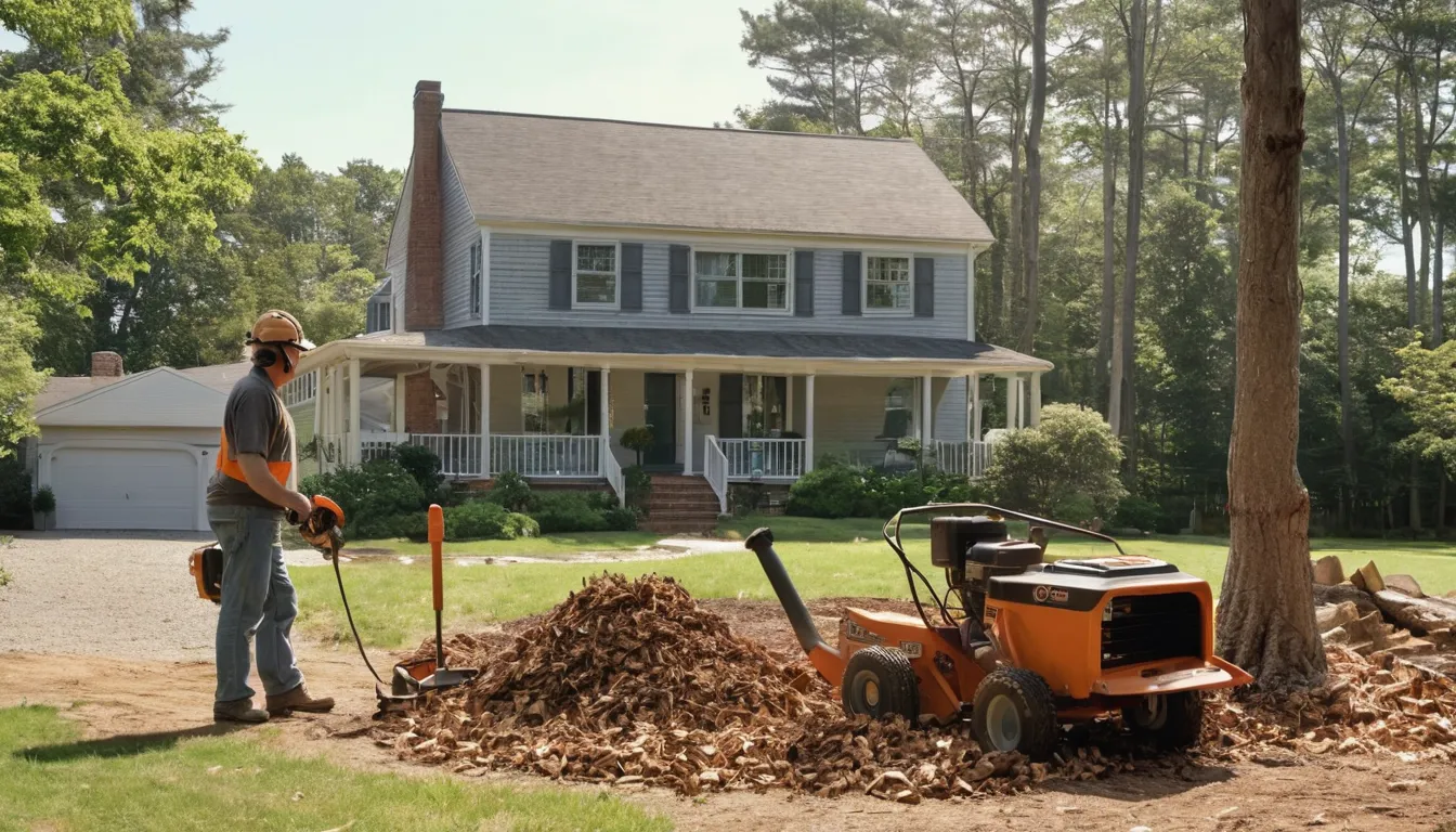 A provider grinding a tree stump in a residential yard in Old Westbury