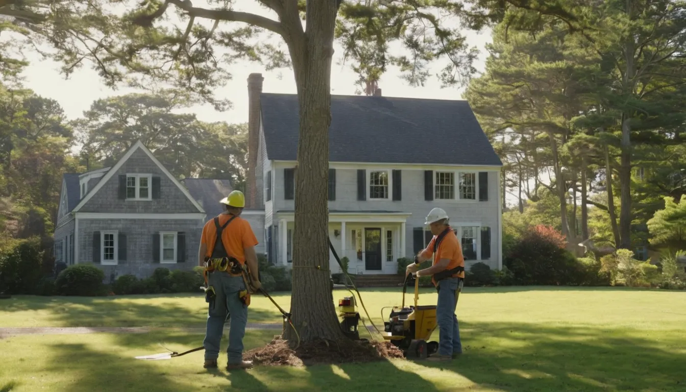 A tree removal provider working safely near a home in the Old Westbury area